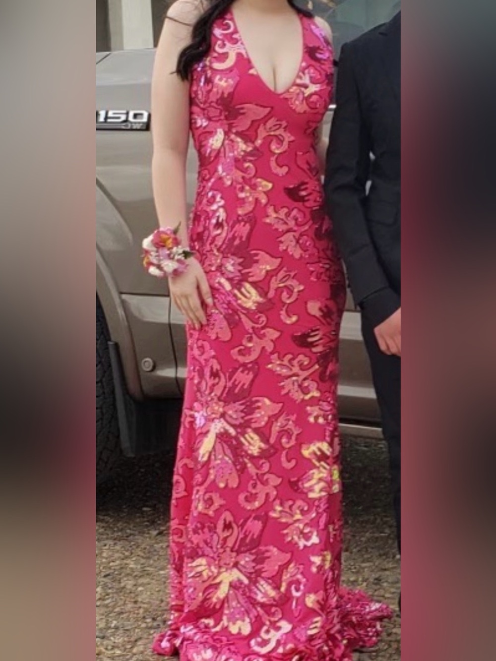 Jovani Hot Pink Floral Sequin V-Neck Gown